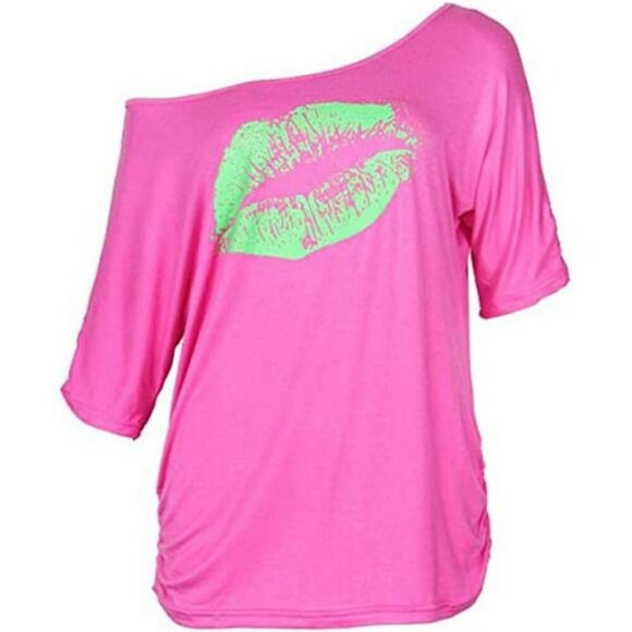 Oversized Off Shoulder Lips Shirt Graphic Tee 80s Slouchy Lounge Top Women - Picture 1 of 7
